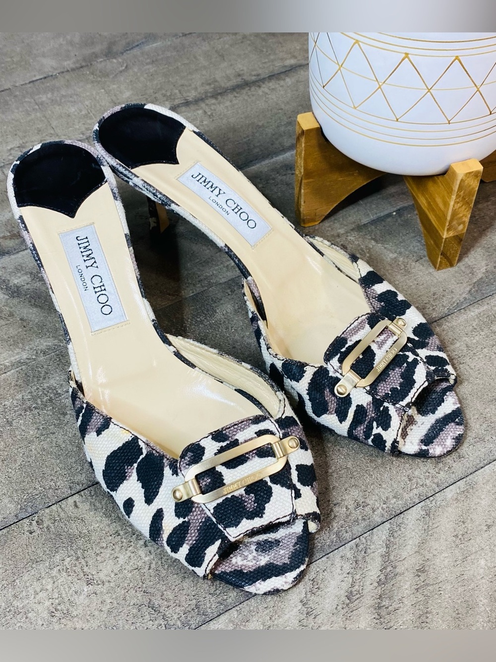 Jimmy Choo Leopard Print Fabric Peep Toe Mule Kitten Heels Size 10 (41)